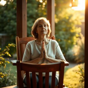 A woman sitting peacefully in prayer in a sunlit garden, hands folded, with soft morning light and lush greenery, conveying comfort and faith