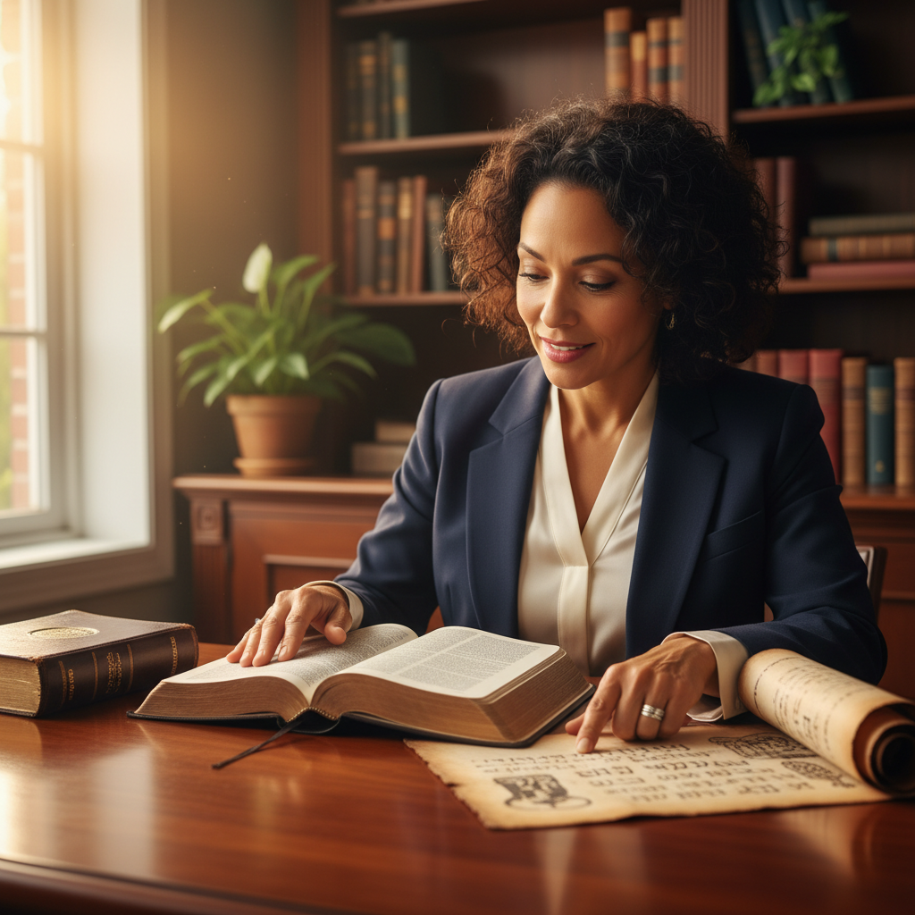 A woman thoughtfully studying a Bible and an ancient scroll, representing the connection between Old and New Testaments.