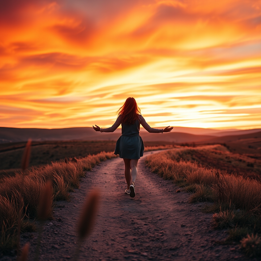 A woman walking along a countryside trail at sunset with open arms and a dramatic colorful sky behind her