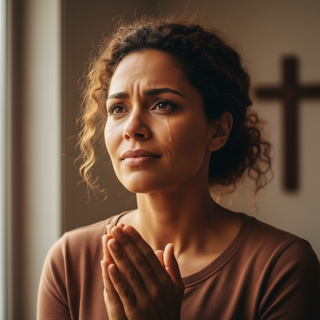 A woman with a powerful expression of humble faith and determined hope.