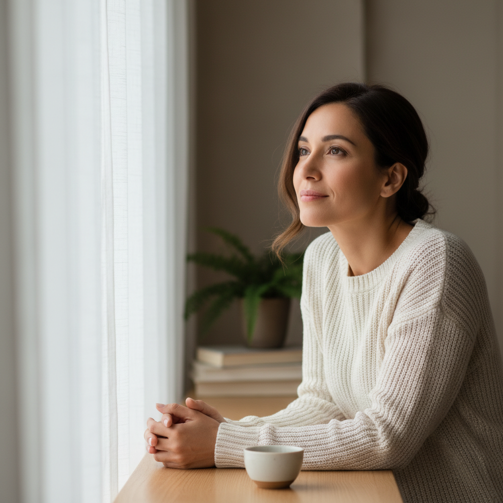 A woman with a serene expression, looking upward in deep contemplation and understanding.