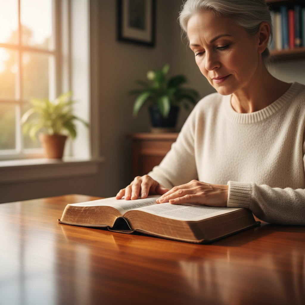 A woman with a serene expression studying an open Bible in soft morning light.