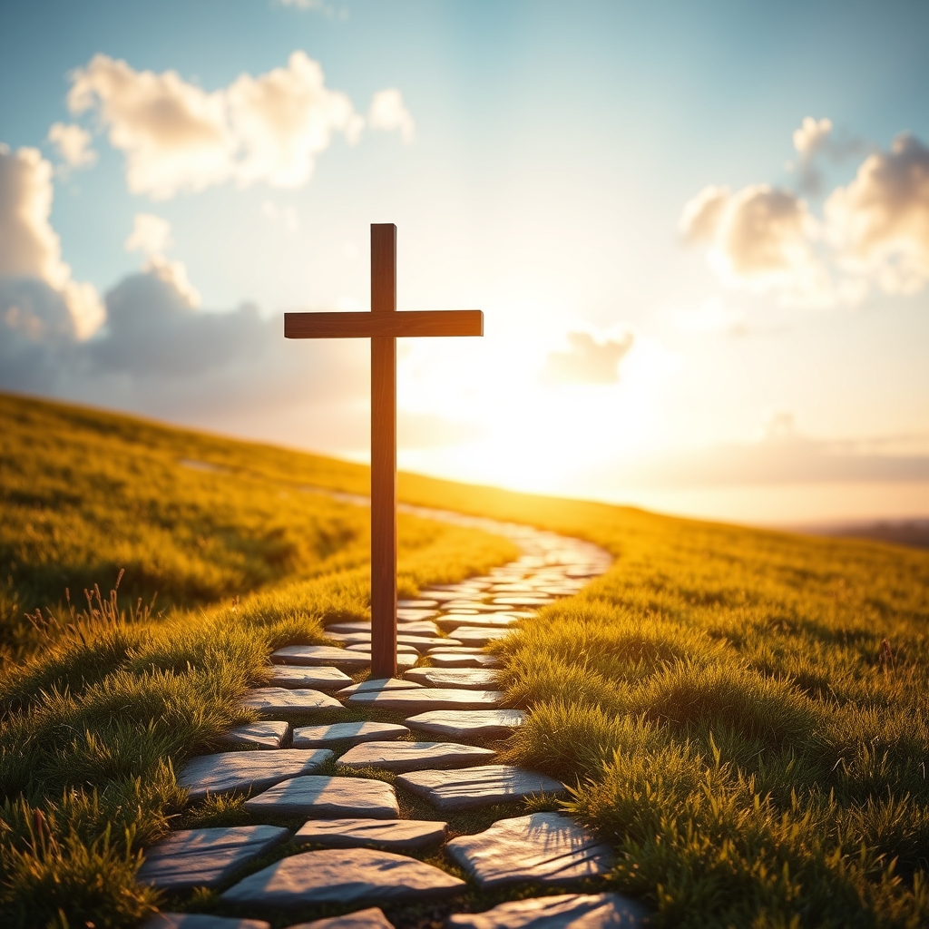A wooden cross on a stone path in a sunlit meadow during golden hour, symbolizing devotion and the call to follow Christ