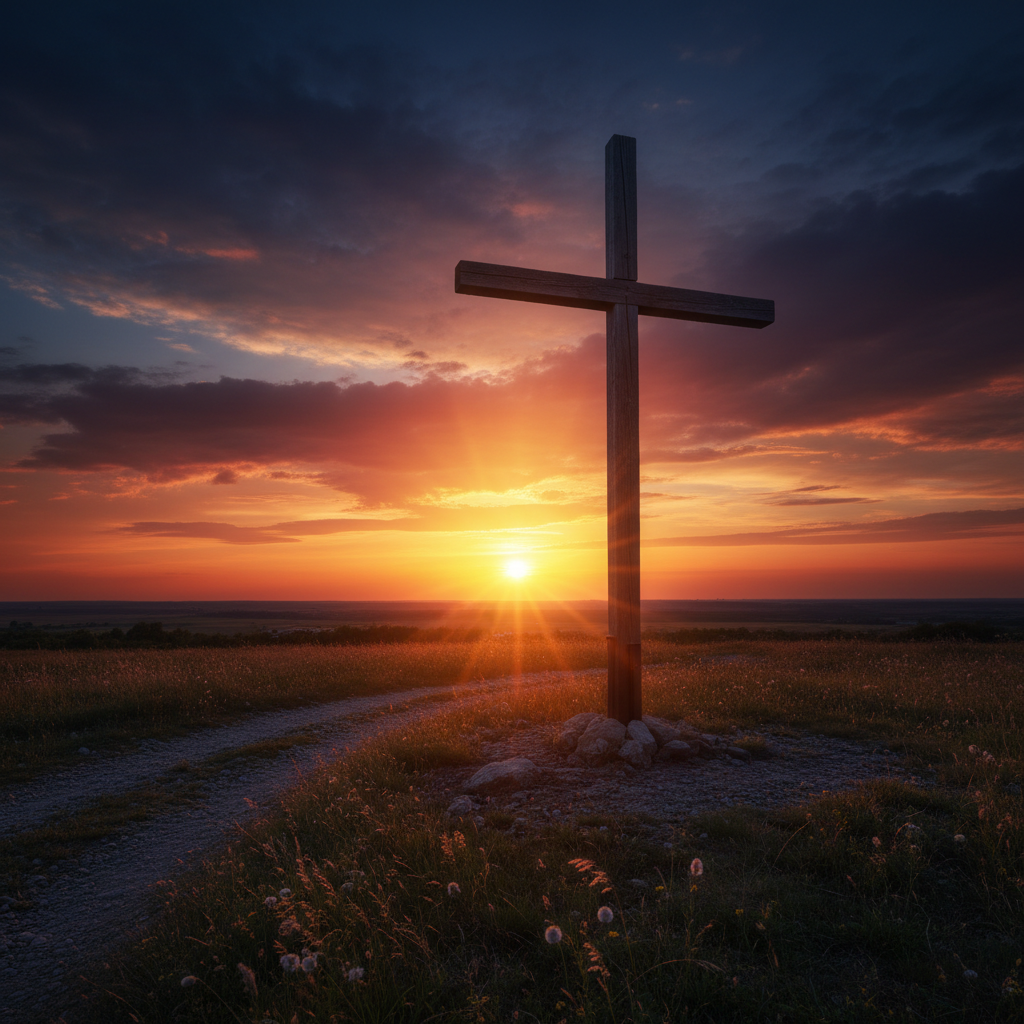 A wooden cross silhouetted against a dramatic sunset sky with rich orange and deep blue hues, peaceful yet powerful