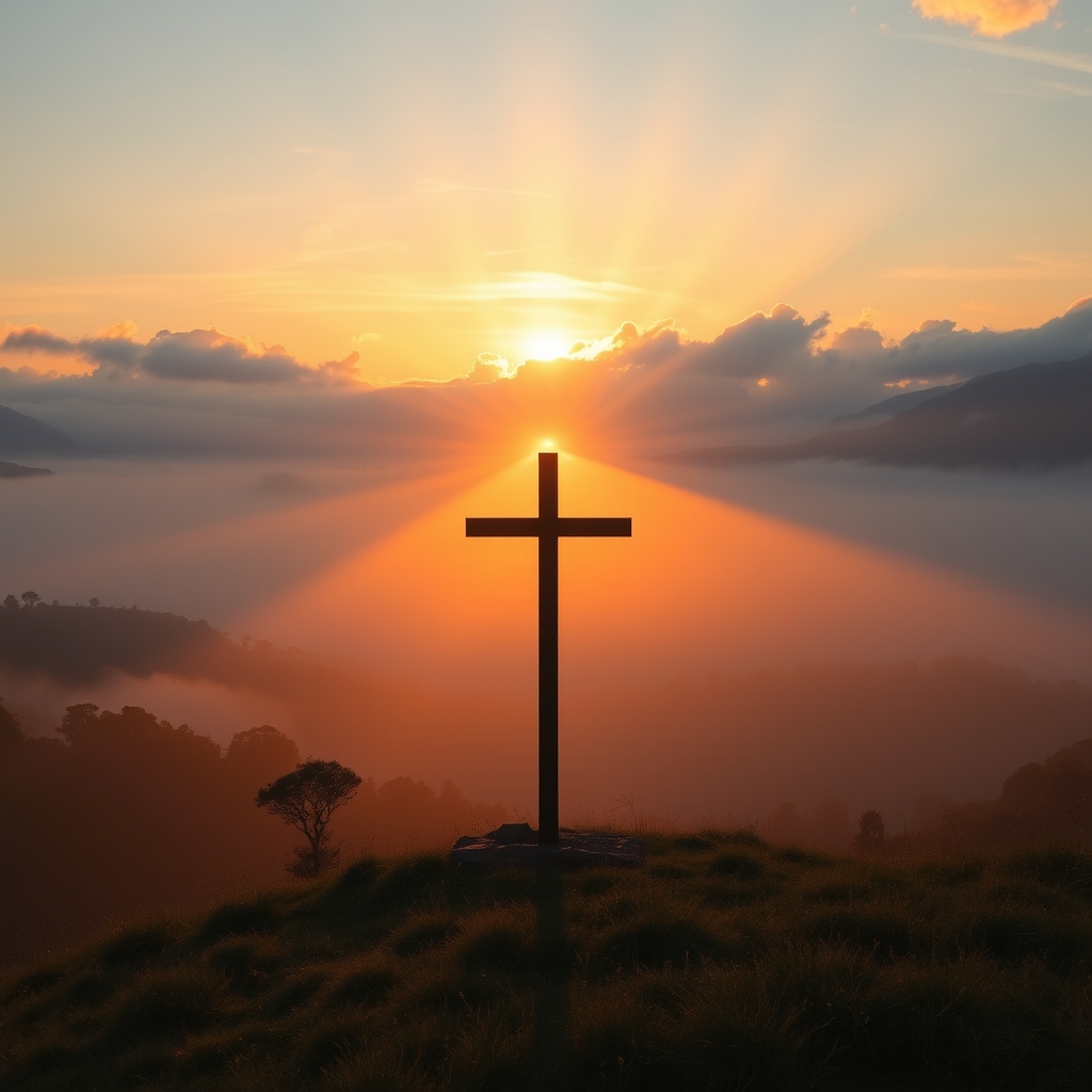 A wooden cross silhouetted against a golden sunrise sky over a peaceful misty valley, symbolizing sacrifice and spiritual rebirth