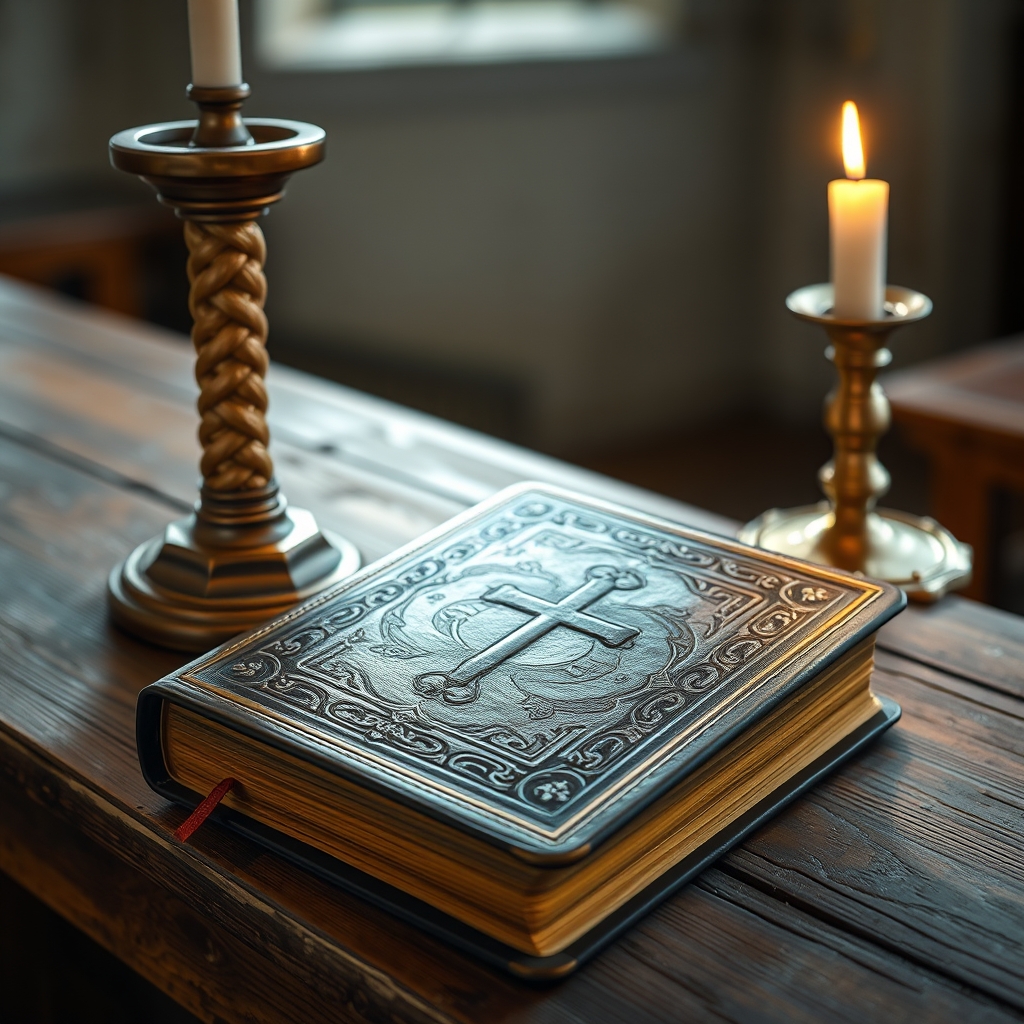 A worn Bible lies open beside a candlelit altar on a wooden church table