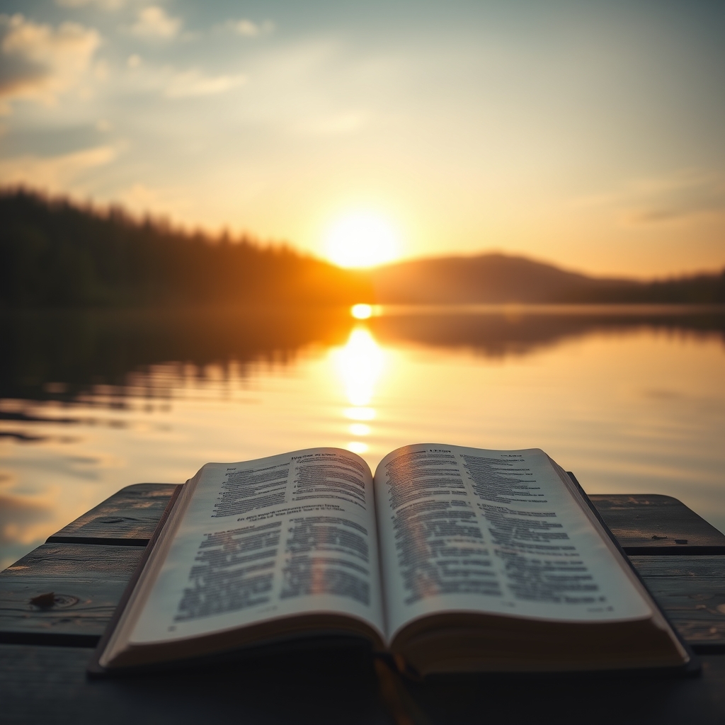 A worn Bible resting on a wooden dock at sunrise, with golden light reflecting off a calm lake, evoking a sense of spiritual reflection.