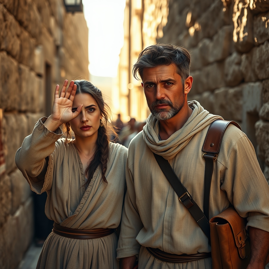 A worried Middle Eastern couple searching through a narrow ancient stone marketplace at golden hour, the woman shielding her eyes as she looks around anxiously while the man walks beside her with a concerned expression.