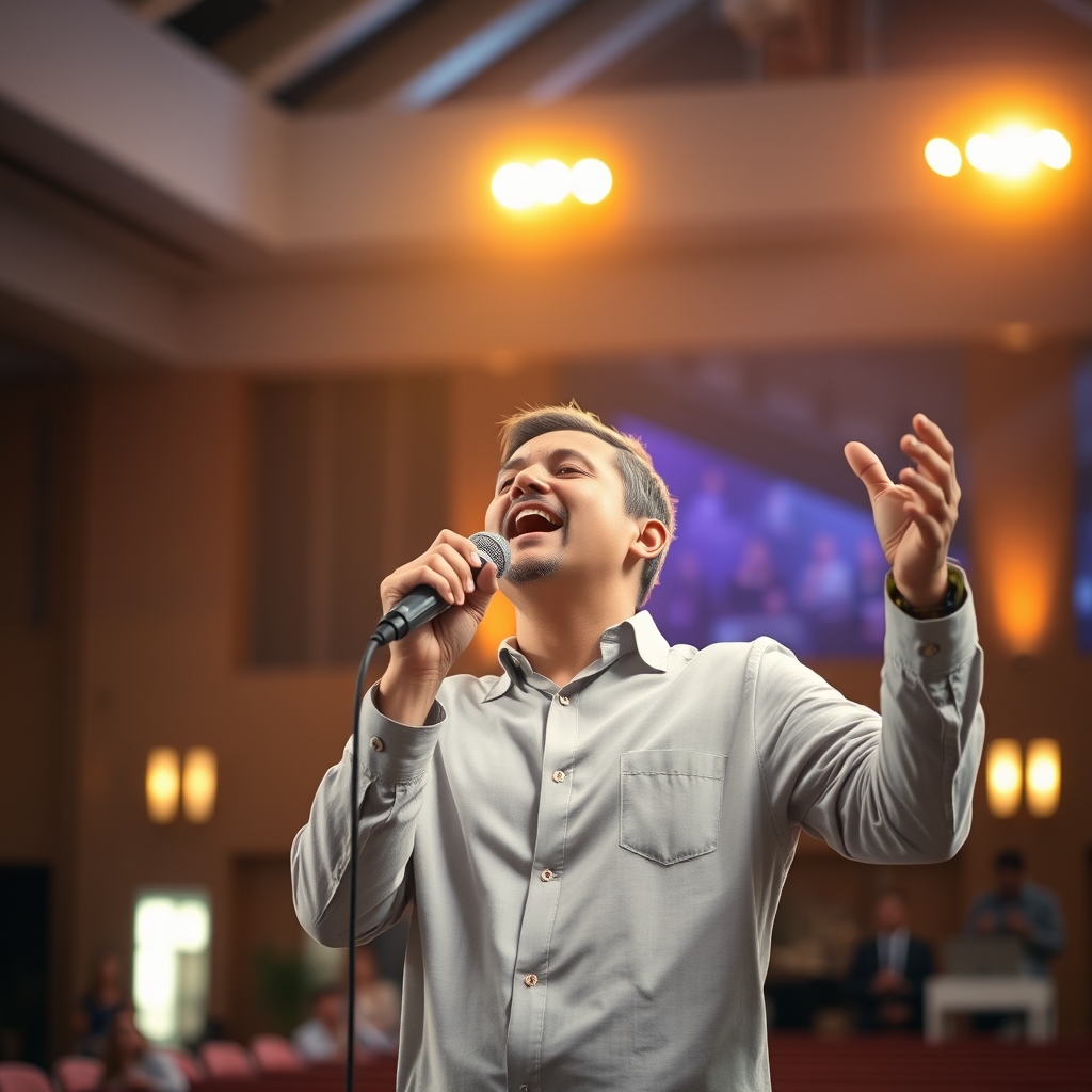 A worship leader singing with hands raised in a modern church, reverent and compassionate