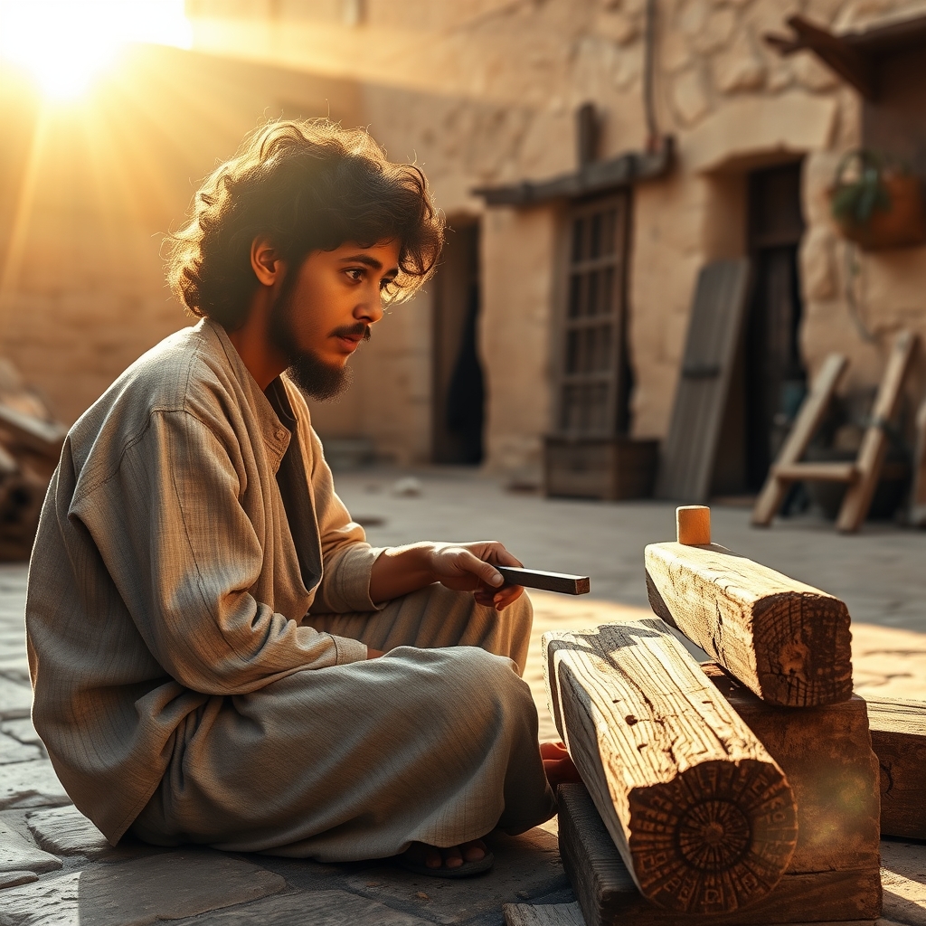 A young boy in simple linen clothing sits attentively beside a bearded carpenter working with wood tools in a sun-drenched ancient Middle Eastern village courtyard.