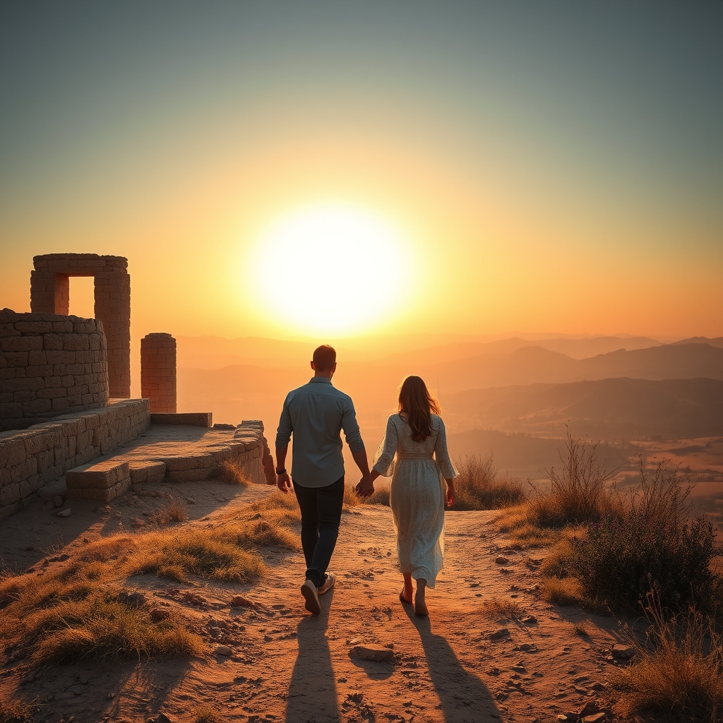 A young couple walking along a hilltop path at sunrise in the ancient Holy Land, symbolizing faith and humble obedience.