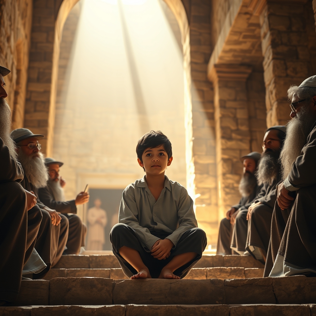 A young Jesus sits attentively surrounded by elders inside the ancient Jerusalem temple.