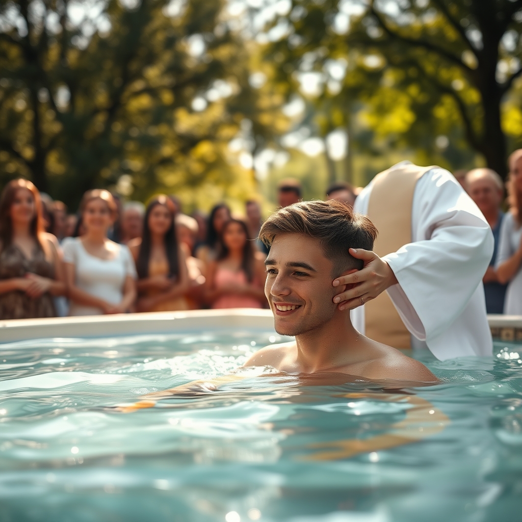 A young man being baptized in a baptismal pool as a pastor assists, with water droplets visible, surrounded by a supportive congregation, capturing a sacred and uplifting moment.