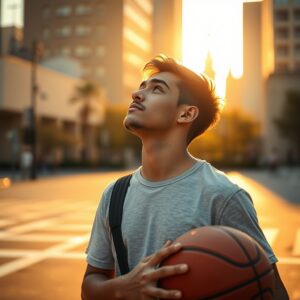 A young man holding a basketball while looking upward with a peaceful expression during golden hour, with a church cross visible in the softly blurred city background, conveying a modern and faith-filled atmosphere.