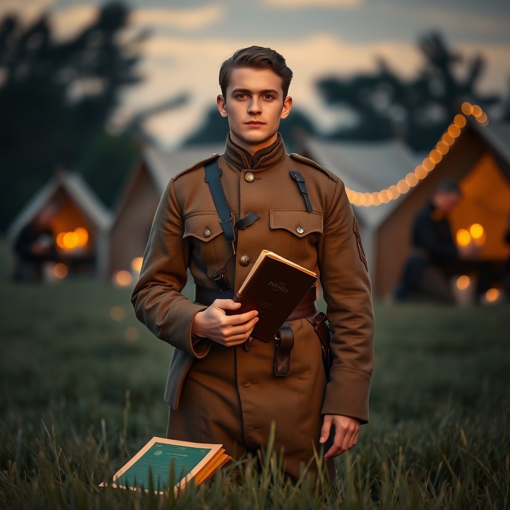 A young man in historical military attire holding a Bible, standing among fellow soldiers in a candlelit prayer setting, evoking a moment of spiritual conviction.
