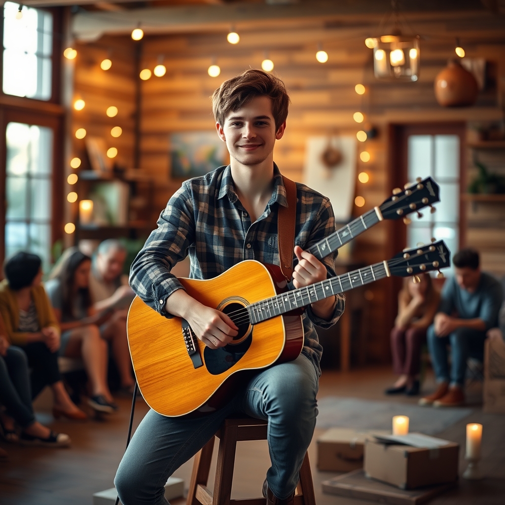 A young man playing guitar in a cozy, warmly lit room with friends and family, capturing an intimate and heartfelt musical moment.