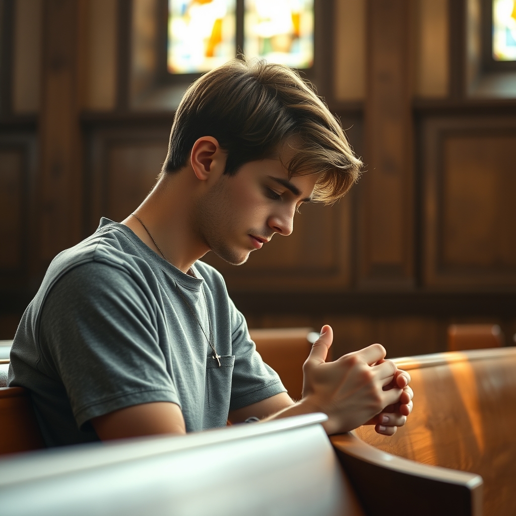 A young man sitting in a church pew in prayer, hands clasped, with stained glass windows in the background, conveying a reverent and peaceful atmosphere.