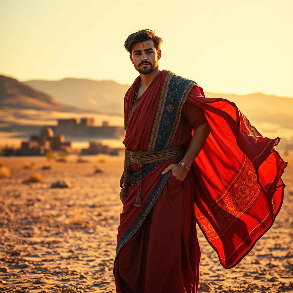 A young Middle Eastern man wearing a vibrant multicolored robe standing in a sunlit ancient field at golden hour