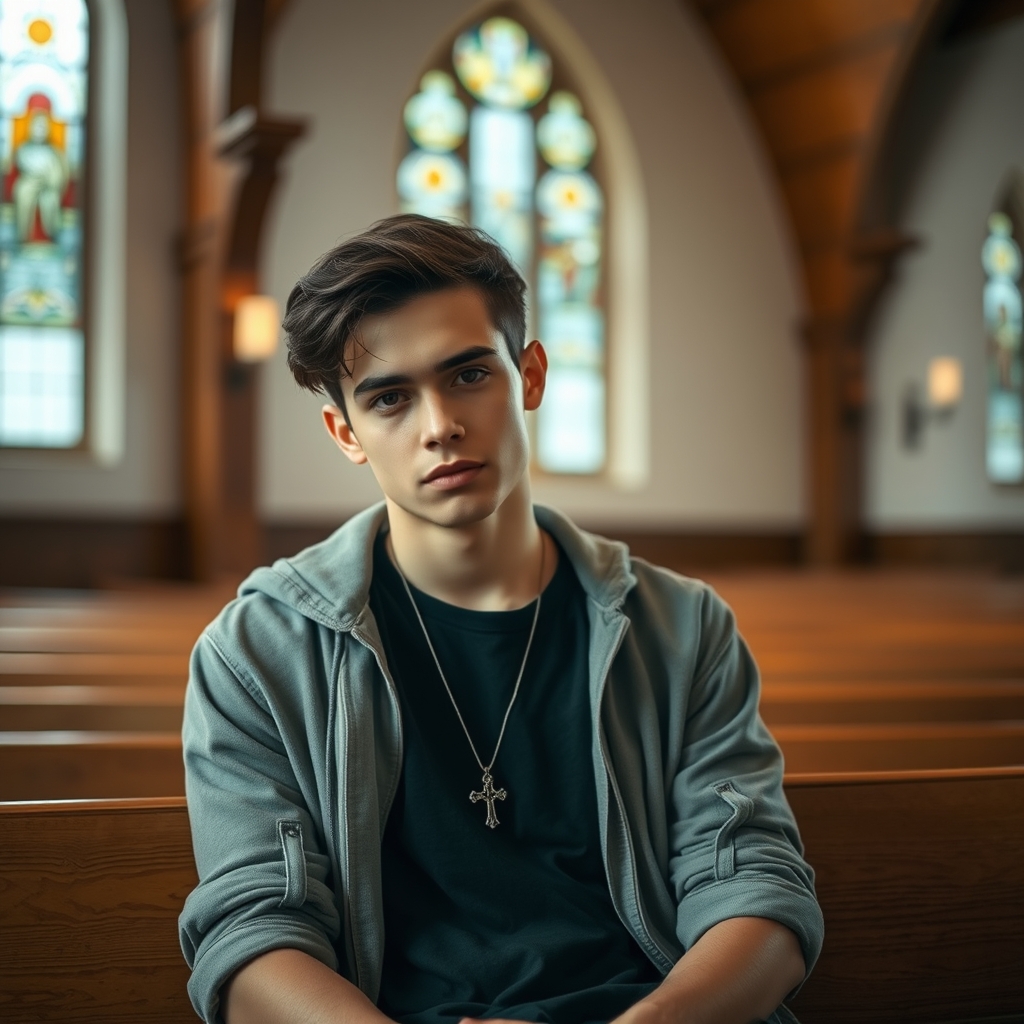 A young person with a cross necklace sitting in a church pew with stained glass windows, soft natural light, contemplative expression, professional photography.