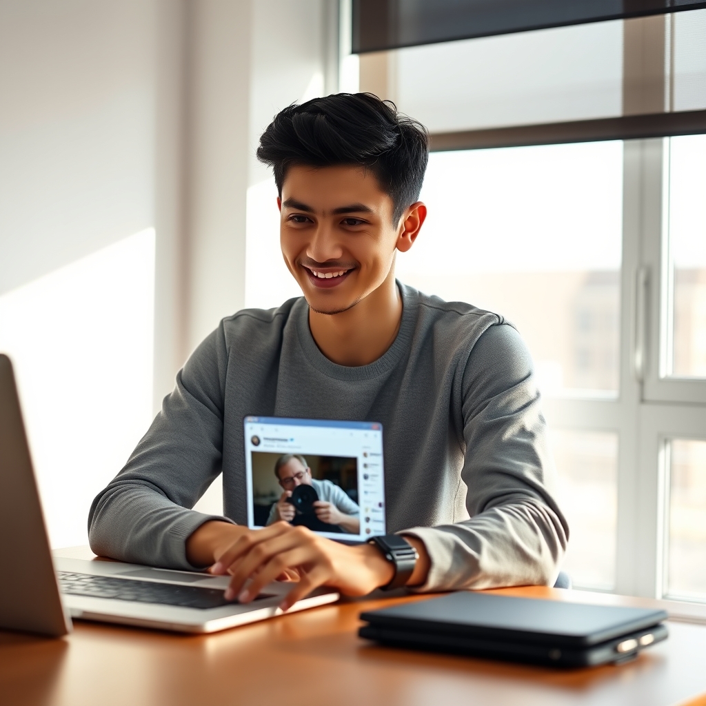 A young professional viewing a Potato Jesus meme on a laptop screen, thoughtfully considering its cultural and spiritual implications.