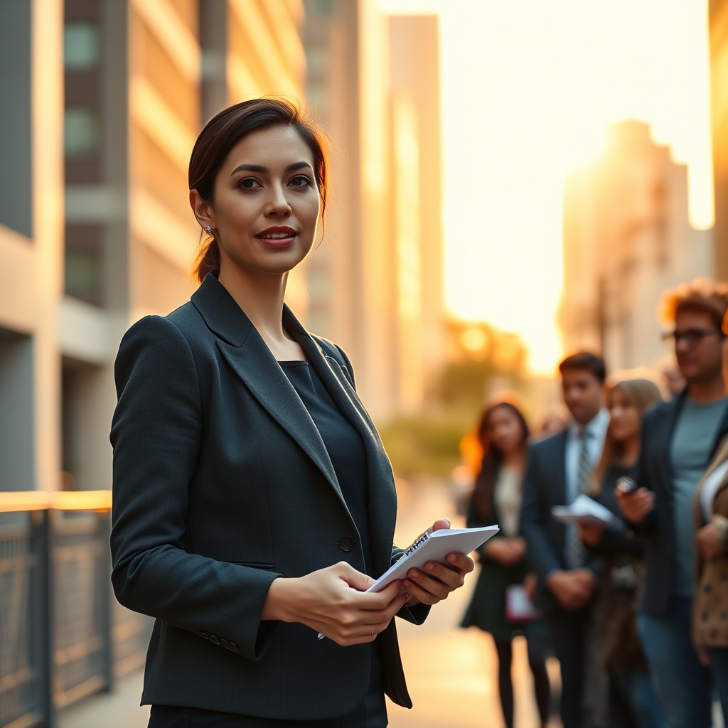 A young professional woman speaking compassionately to an engaged group of modern Christians on a sidewalk, illustrating confident and loving Christian witness.