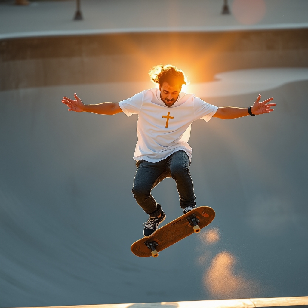 A young skateboarder soaring in the air at a skatepark during golden hour sunlight, arms outstretched, capturing a dynamic and victorious moment