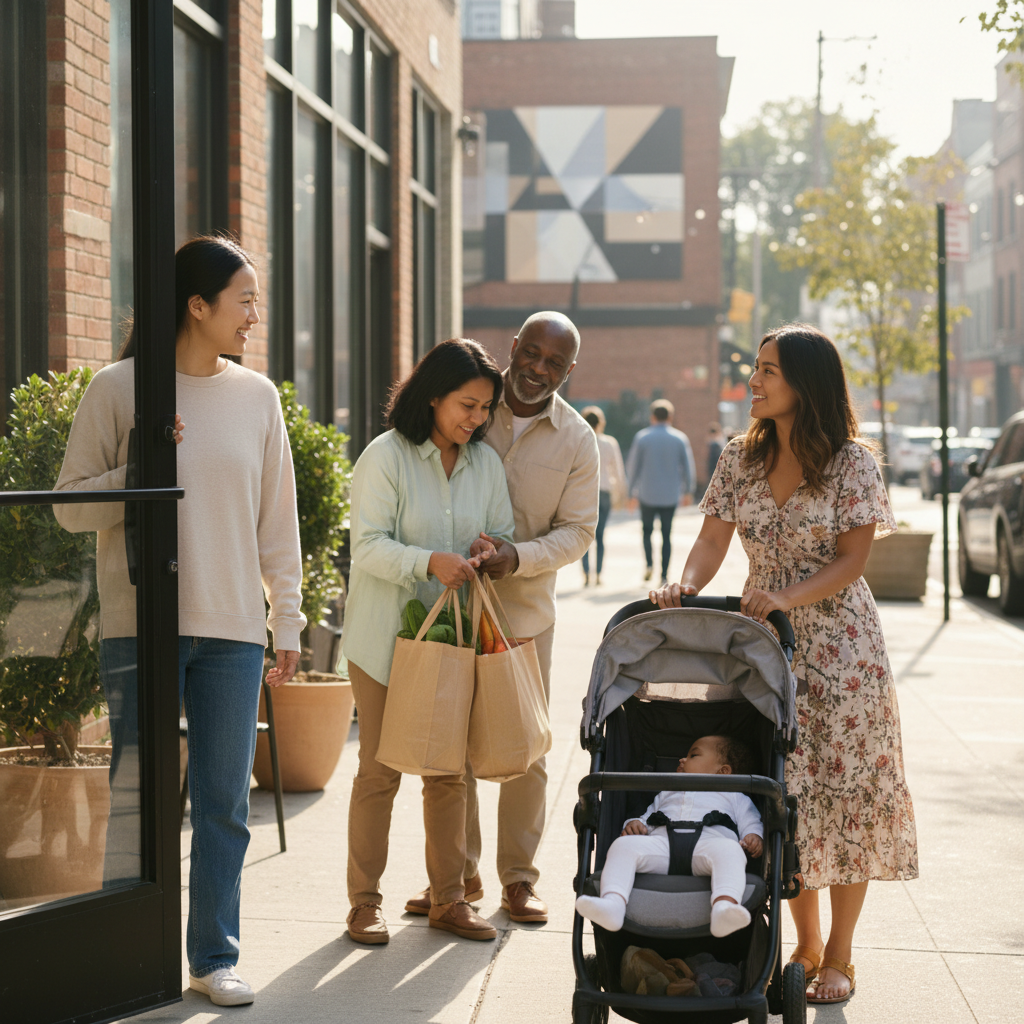 A young woman holding a door open for a mother with a stroller, showing everyday kindness.