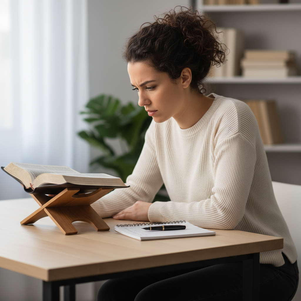 A young woman intently studying an open Bible at a clean desk with a notebook, symbolizing deep textual engagement.