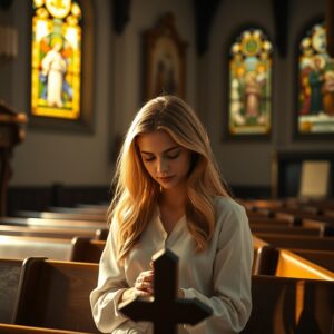 A young woman praying quietly in a warmly lit church pew, with stained glass windows and a wooden cross visible in the background, evoking a reverent and contemplative Christian atmosphere.