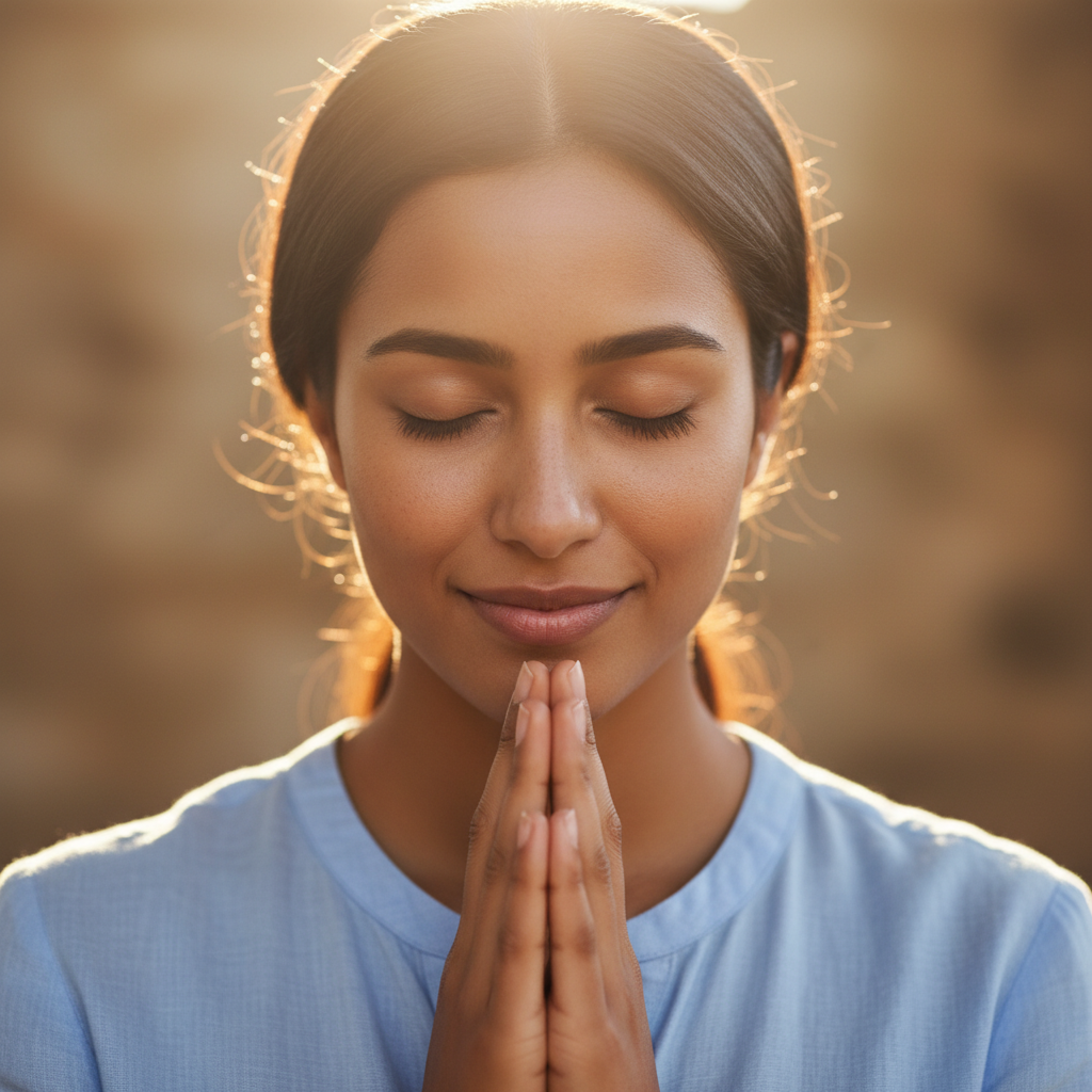 A young woman praying with eyes closed and hands clasped, radiating peace and faith.