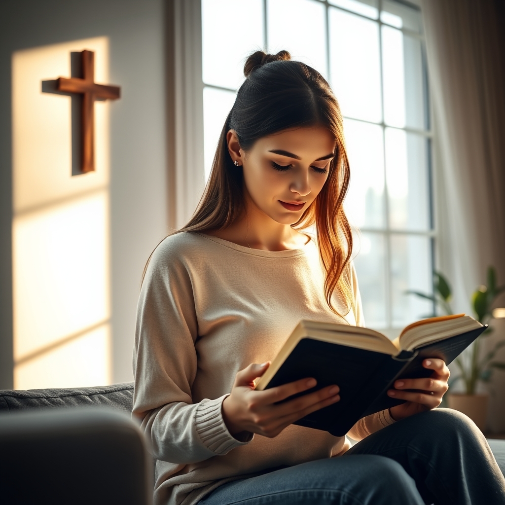 A young woman reading a Bible beside a sunlit window in a warm, quiet living room with a simple cross on the wall, conveying peaceful devotion.