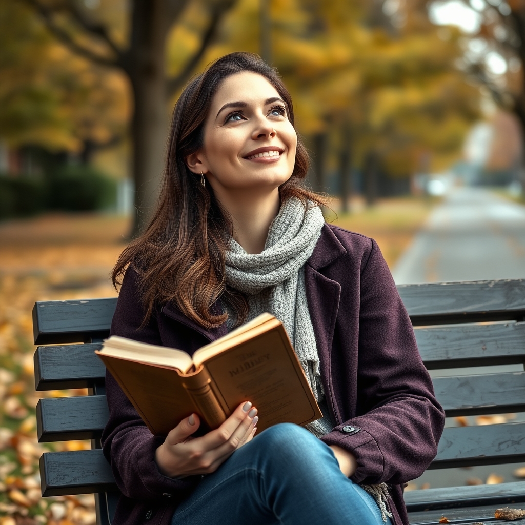 A young woman reading a Bible in a peaceful park, looking up with a gentle smile, symbolizing a personal encounter with Jesus today.