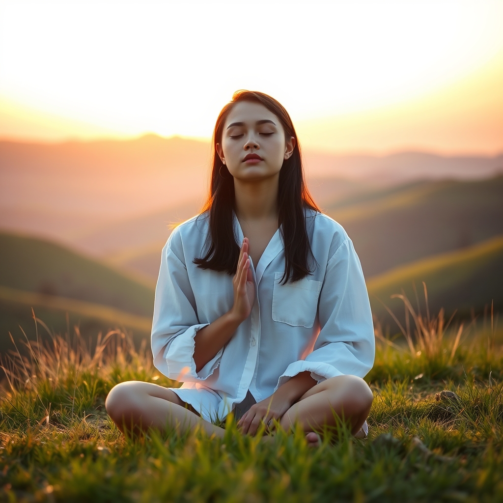 A young woman sitting peacefully on a grassy hillside at sunset, eyes closed and hands open in a posture of prayer.