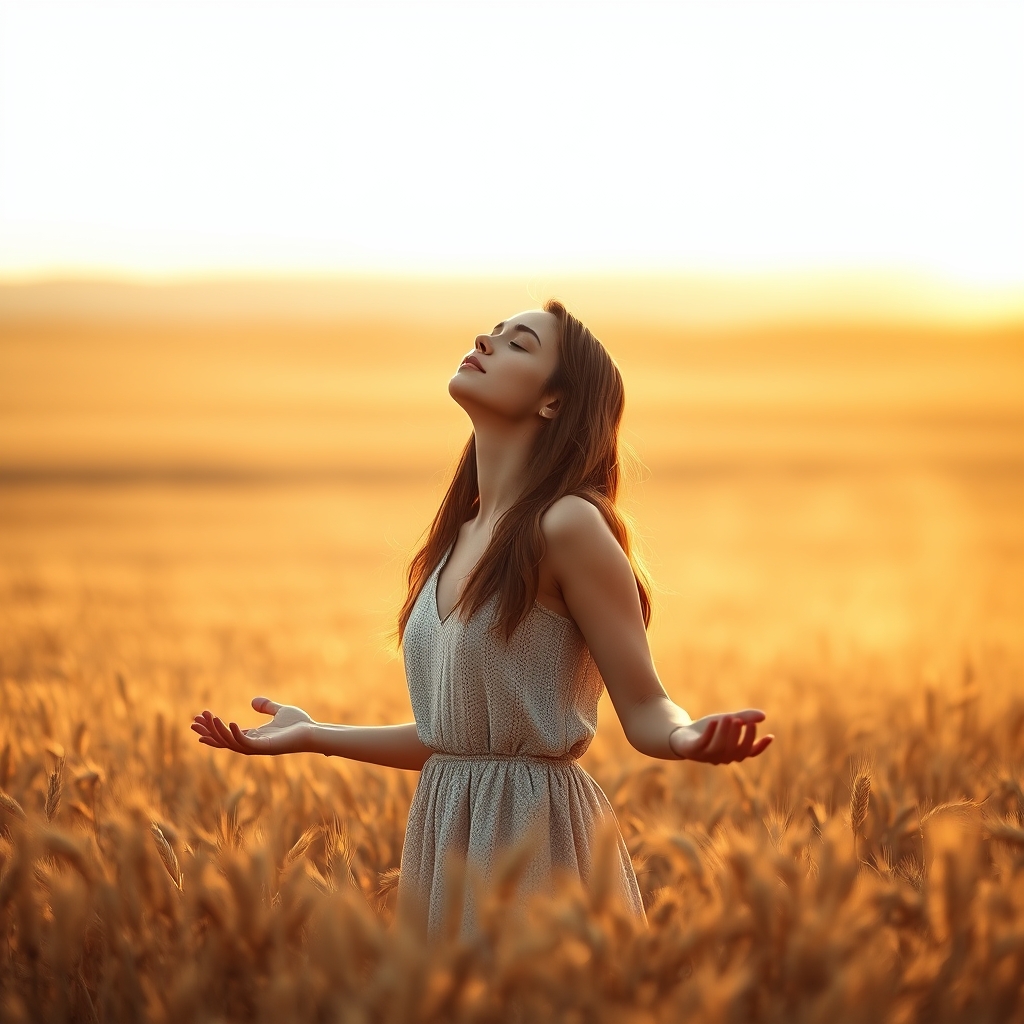 A young woman standing in a golden wheat field at sunrise with eyes closed and hands open, bathed in warm amber light, expressing peace and spiritual surrender.