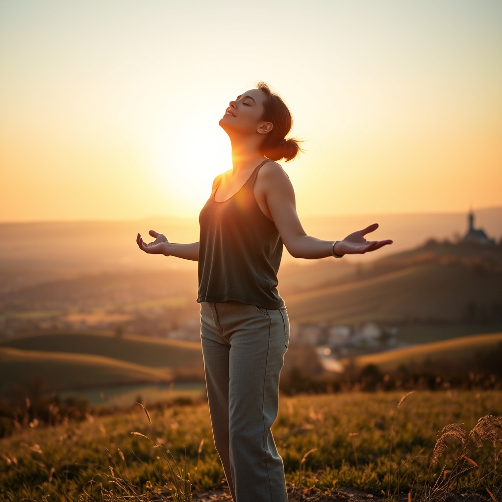 A young woman standing on a sunlit hillside at golden hour, arms open, eyes closed, overlooking a peaceful landscape with a distant church steeple.