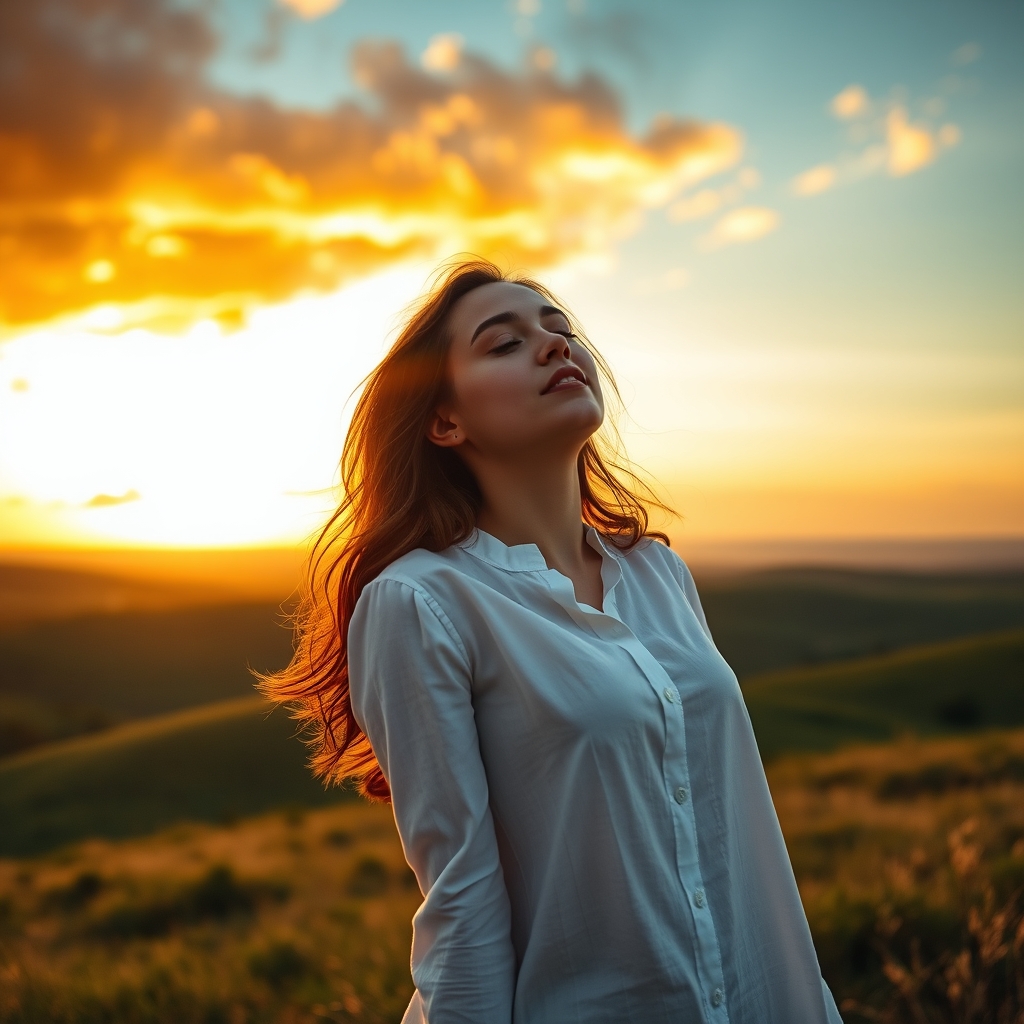 A young woman worshipping with arms raised on a hilltop at golden hour, with a dramatic sunset sky and rolling green hills behind her.