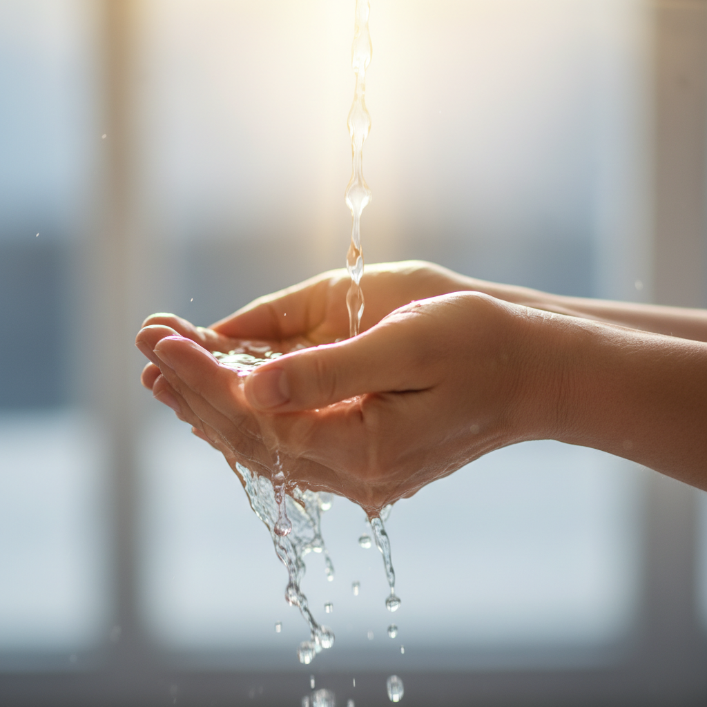 Adult hands gently cupped, being washed by clear water and bathed in soft, warm light, symbolizing spiritual cleansing and purity.