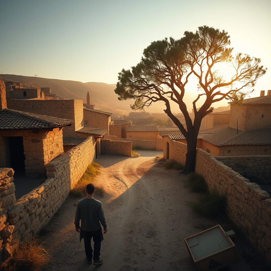 Aerial-style cinematic view of an ancient sun-drenched town with stone architecture and a prominent sycamore tree under golden hour lighting, evocative of biblical Jericho.