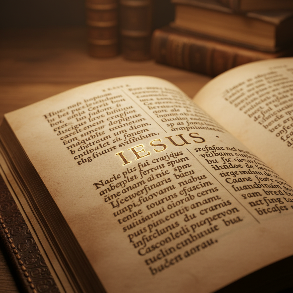An ancient Latin Bible or manuscript open to a page, reverently highlighting the name 'Iesus'.