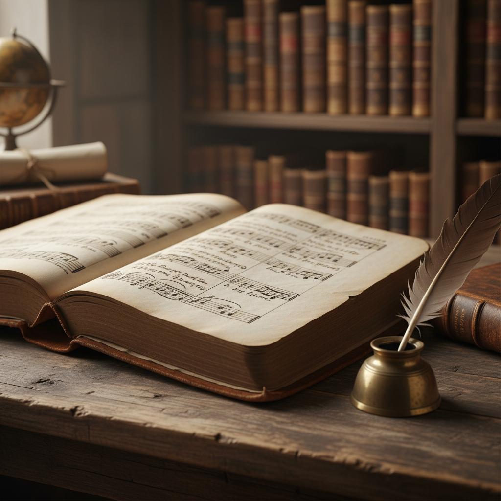 An ancient, open hymnal or manuscript with faded script and musical notation lies on a rustic wooden desk, conveying historical origins.