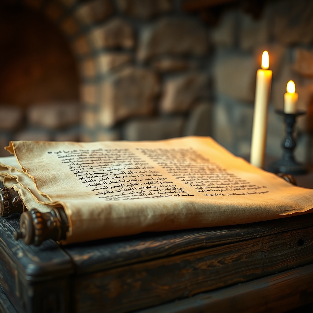 An ancient scroll with handwritten Aramaic text illuminated by warm candlelight on a weathered surface, conveying the historical significance of the Aramaic language.