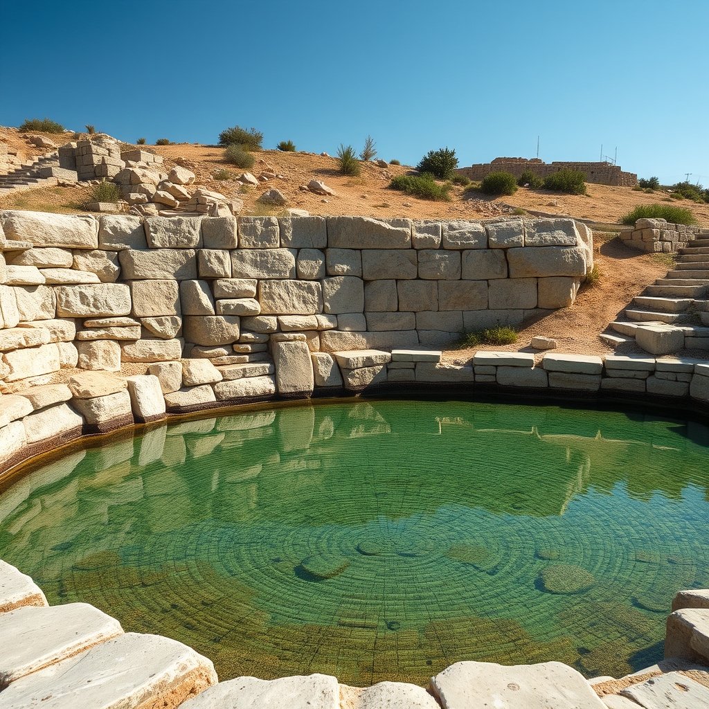 An ancient stone-lined pool with clear still water surrounded by weathered limestone blocks at an archaeological site near the Sea of Galilee