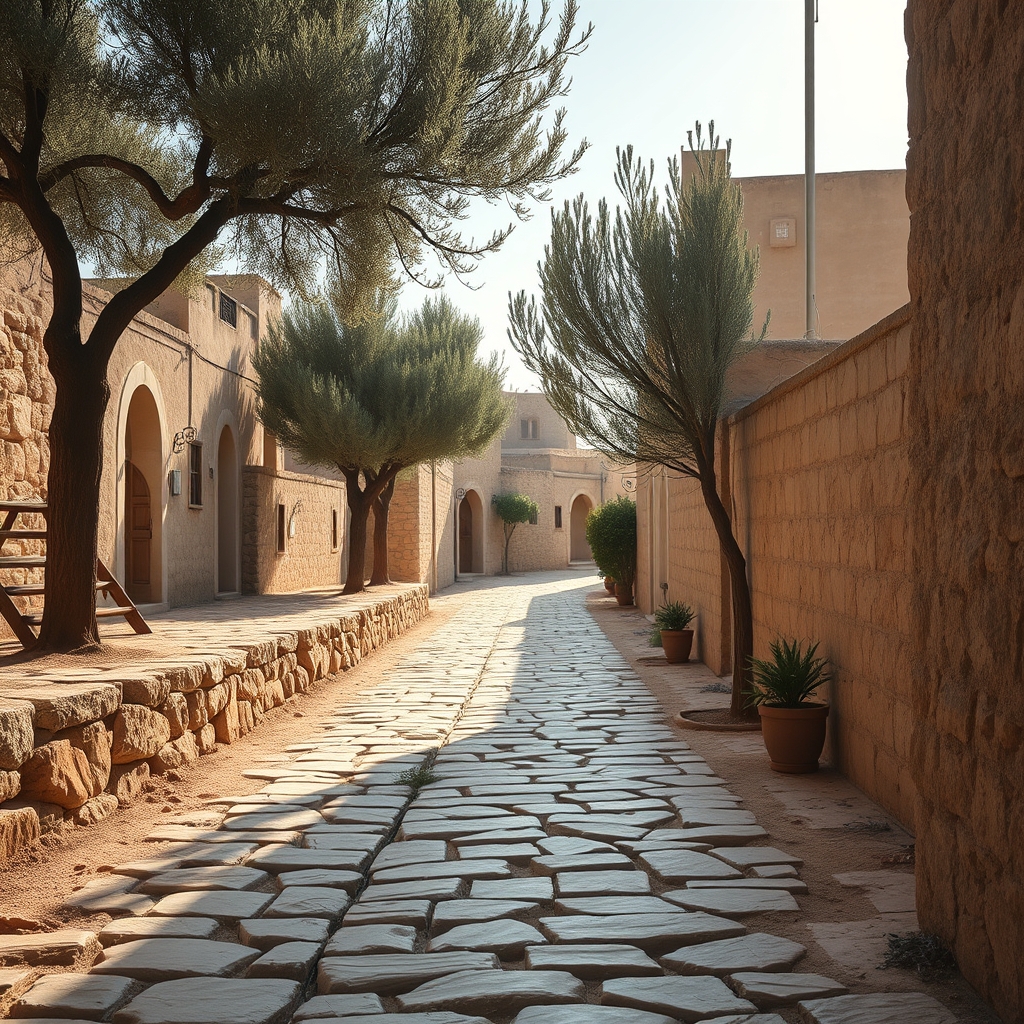 An ancient stone pathway in a quiet village with olive trees, symbolizing the humble beginnings of Jesus' life.