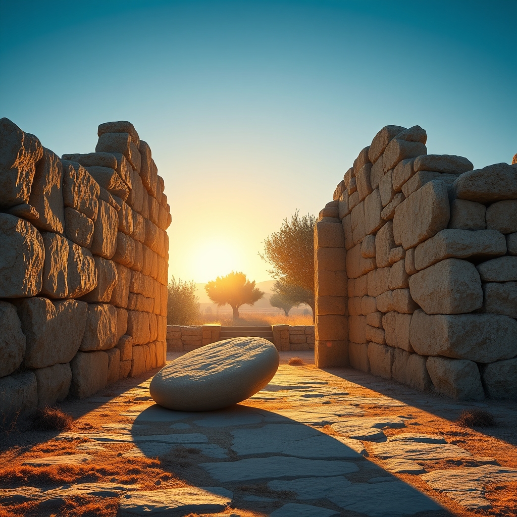 An ancient stone tomb entrance at dawn with the large stone rolled away, bathed in golden light.