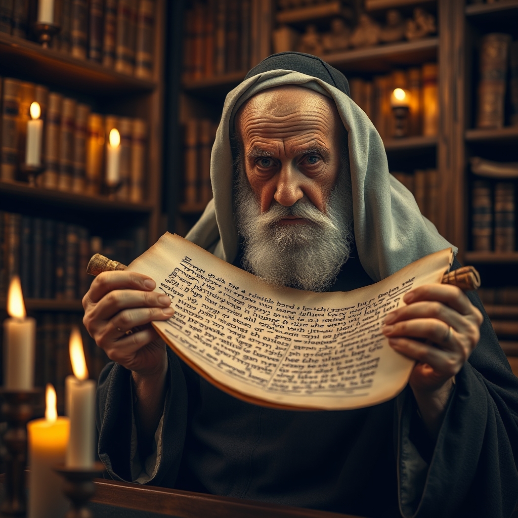An elderly Jewish scholar in traditional robes carefully studying an ancient Hebrew parchment scroll by candlelight