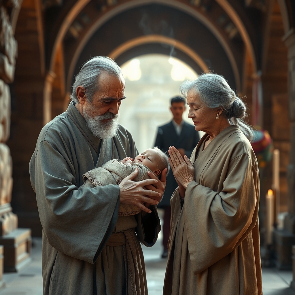 An elderly man holding a swaddled infant in a stone temple while an elderly woman prays nearby, with a young couple in the background.