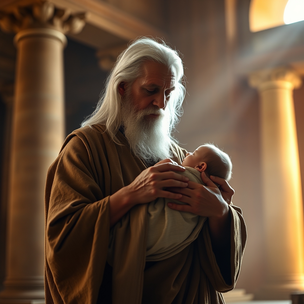 An elderly man with white hair gently holding a newborn baby in a softly lit ancient temple, conveying reverence and tenderness.