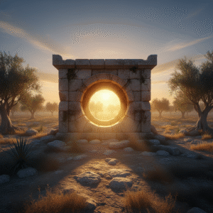 An empty ancient stone tomb entrance at sunrise, symbolizing the resurrection of Jesus Christ and the triumph of Easter.