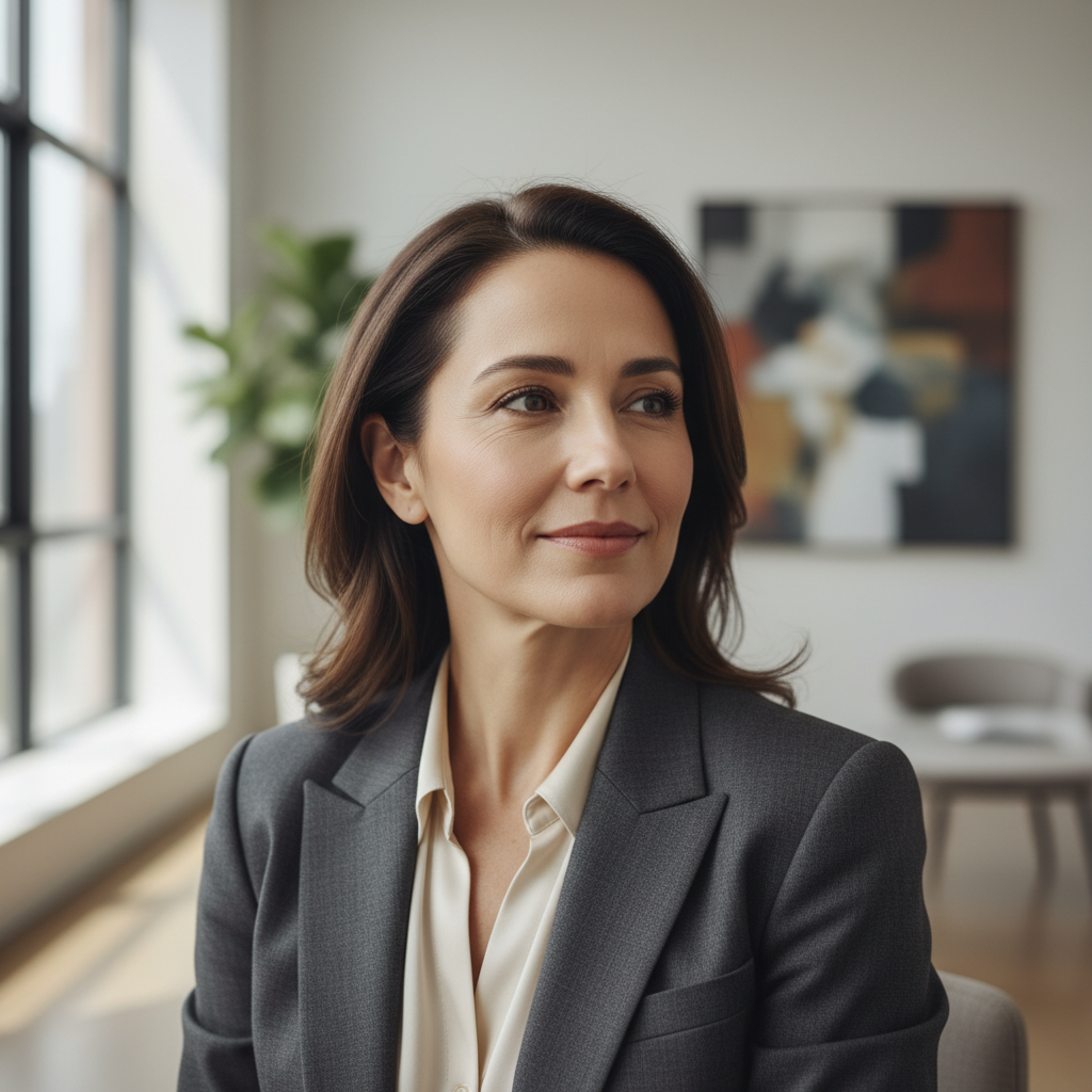 An executive-style portrait of a serene female leader with a wise and thoughtful expression, in a modern office setting.