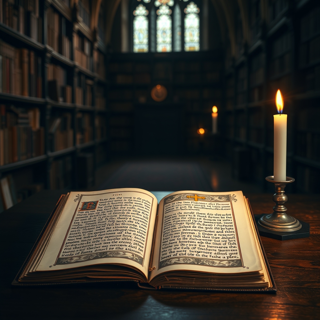 An illuminated manuscript with a golden cross emblem on an oak table in a candlelit cathedral library.